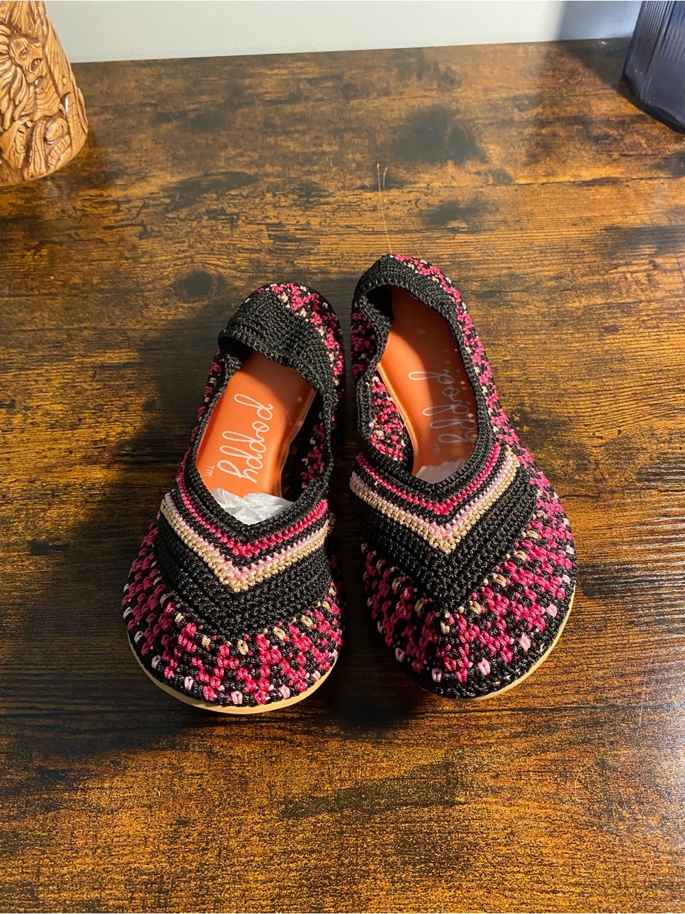 Poppy Crochet Knit Slip-On Shoes in Black and Pink